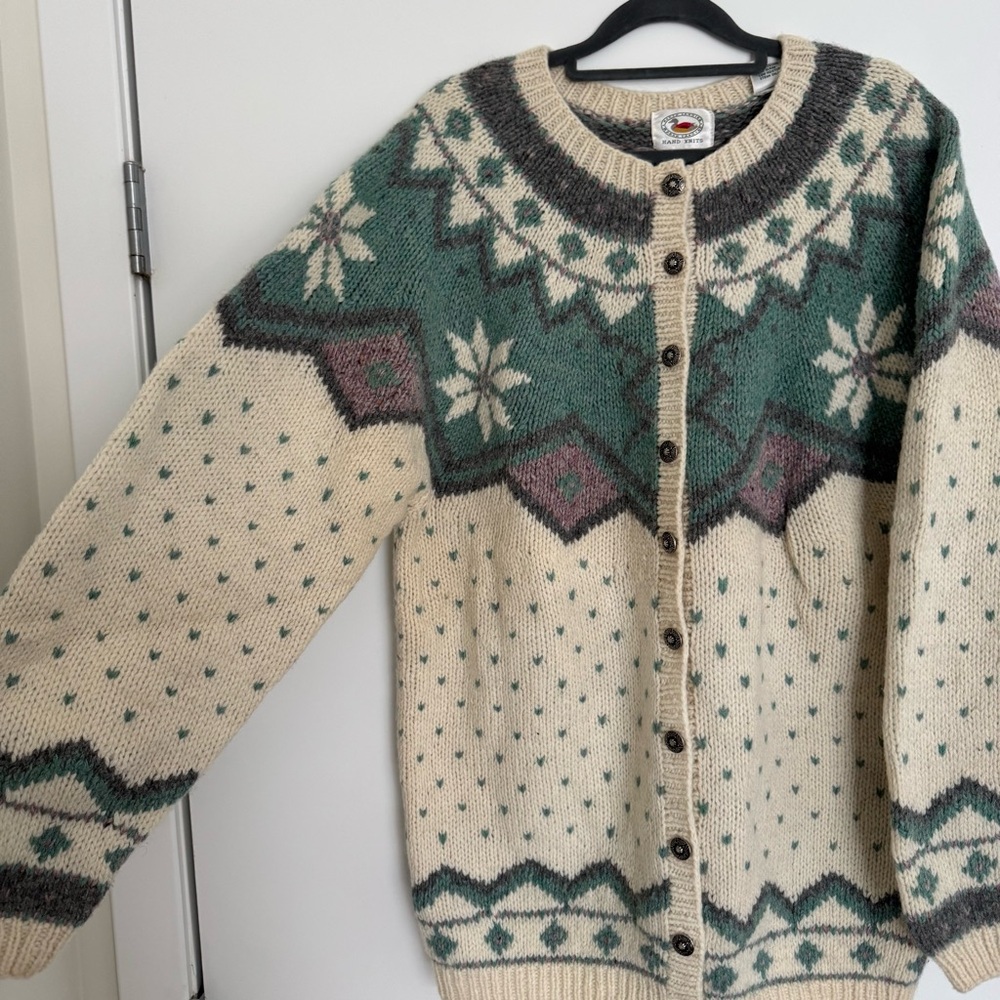 Vintage Marsh Landing Shetland Wool Heavyknit Cardigan Sweater Beige Large - Picture 6 of 15